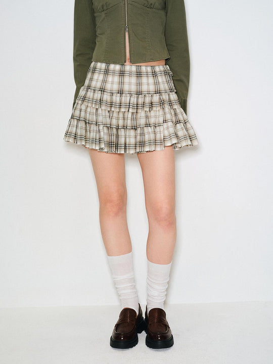 A-line Plaid Layered Ruffle Cotton Skirt