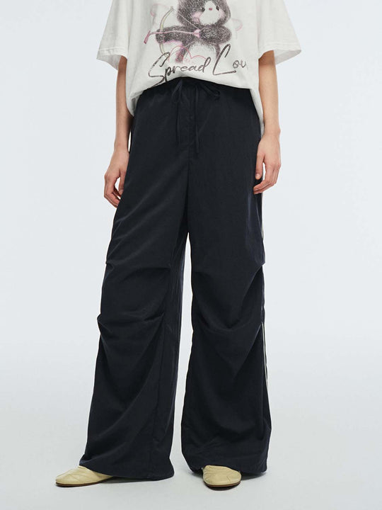 Side Stripe Drawstring Pull On Pleat Detail Wide Leg Pants