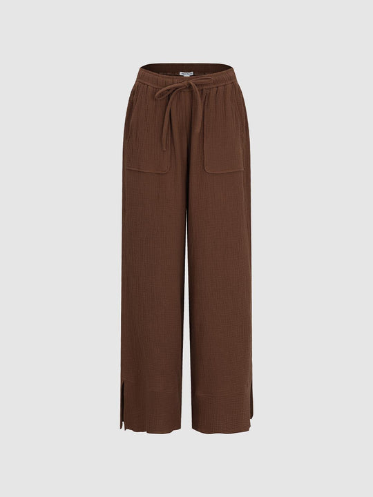 Textured Drawstring Waist Wide-leg Cotton Pants