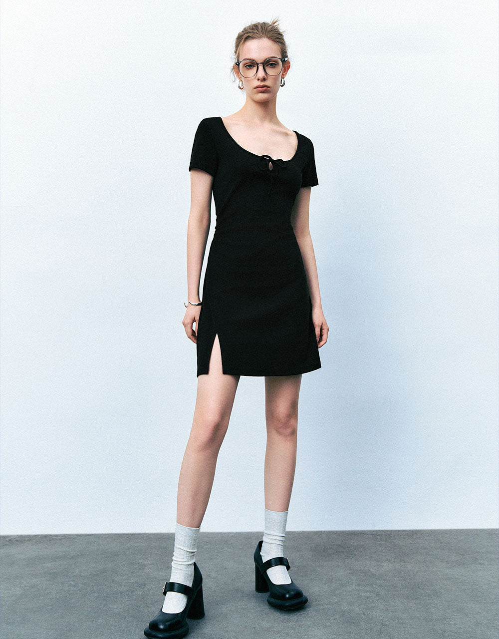 Tie Front Crew Neck  A-Line Dress