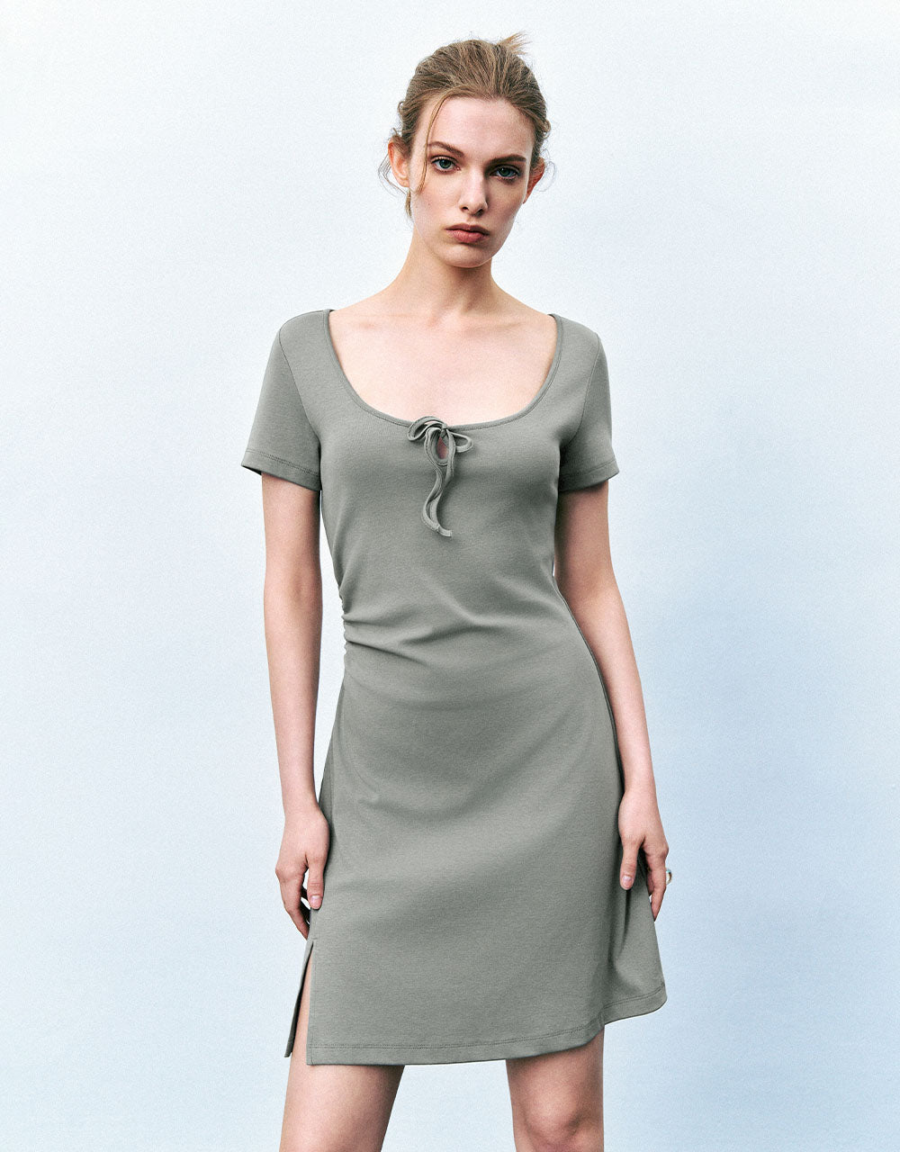 Tie Front Crew Neck  A-Line Dress