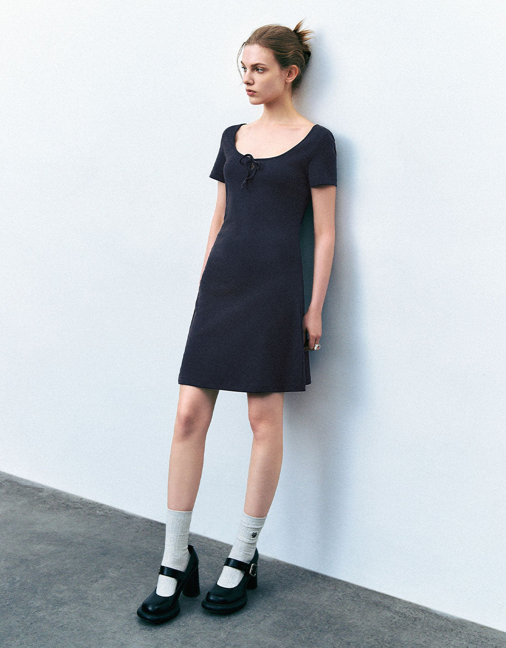 Tie Front Crew Neck  A-Line Dress