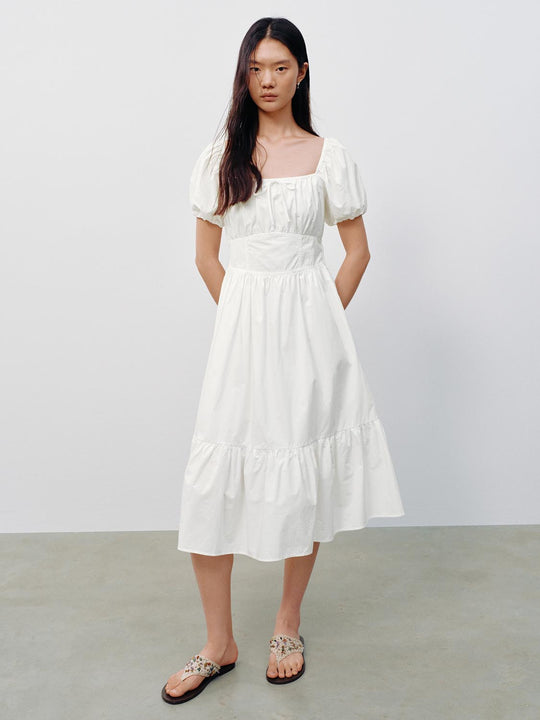 Square Neck Puff Short Sleeve A-Line Dresses