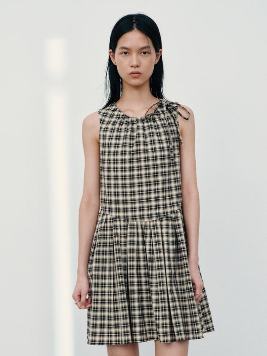 Crew Neck Sleeveless Contrast Check A-Line Midi Dresses