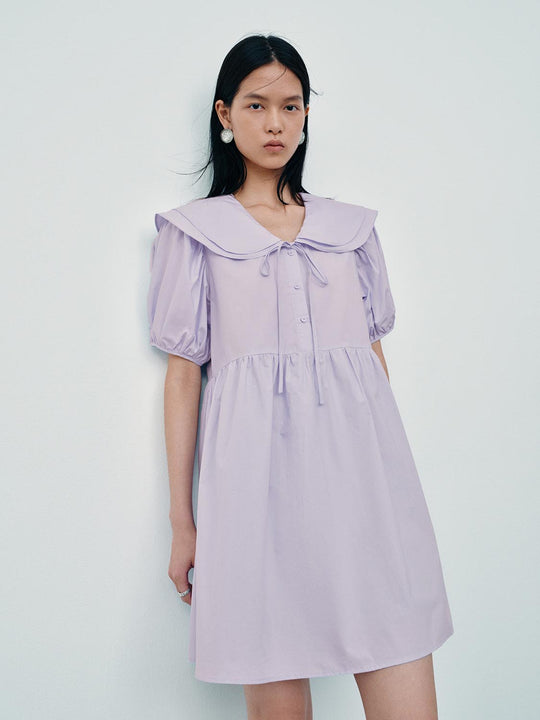 Cotton Crisp Sailor Collar Puff Sleeve Dress