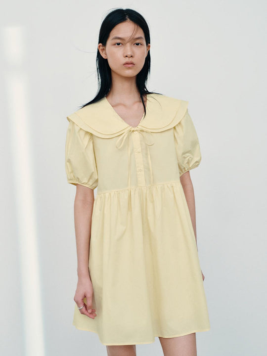 Cotton Poplin Textured Puff Sleeve Midi Dress