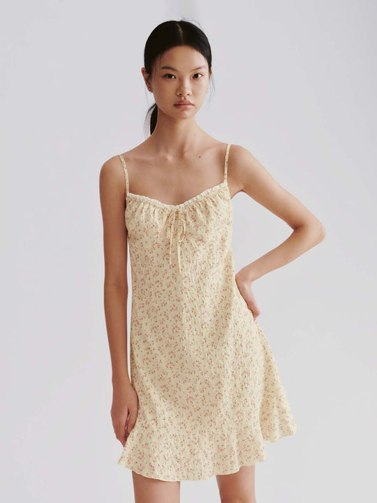 Floral Printed Strappy Ruffle Trim Shirring Detail A-Line Midi Dresses