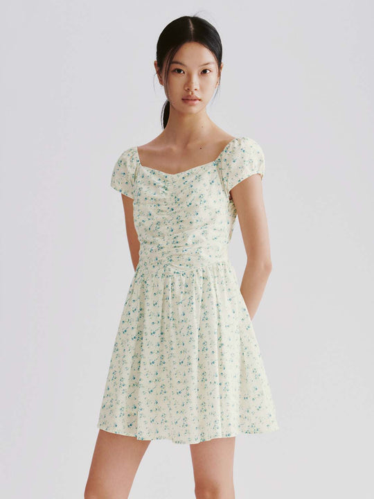 Floral Printed Puff Sleeve Shirring Detail A-Line Midi Dresses