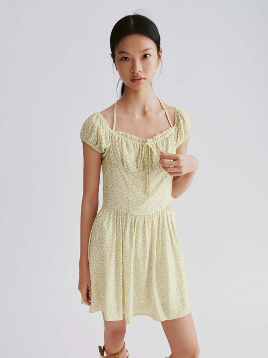 Floral Printed Puff Sleeve Shirring Detail A-Line Midi Dresses
