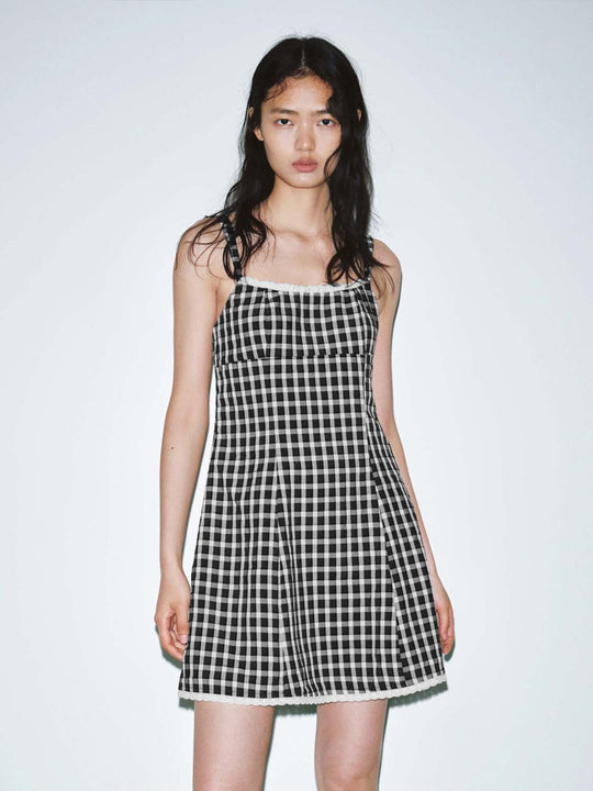 Strappy Contrast Check A-Line Midi Dresses