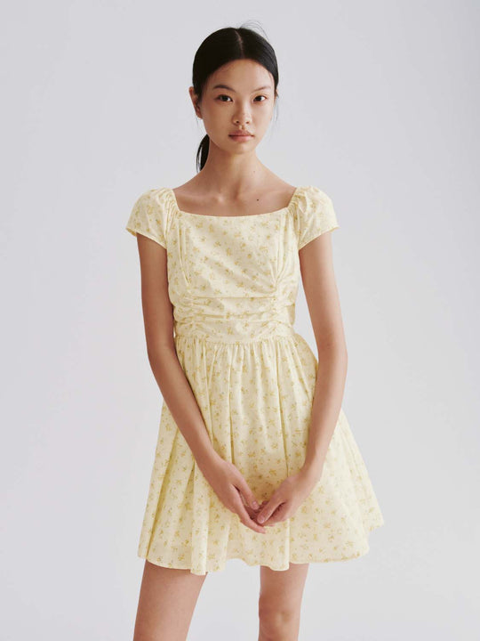 Puff Short Sleeve Shirring Detail Printed A-Line Midi Dresses
