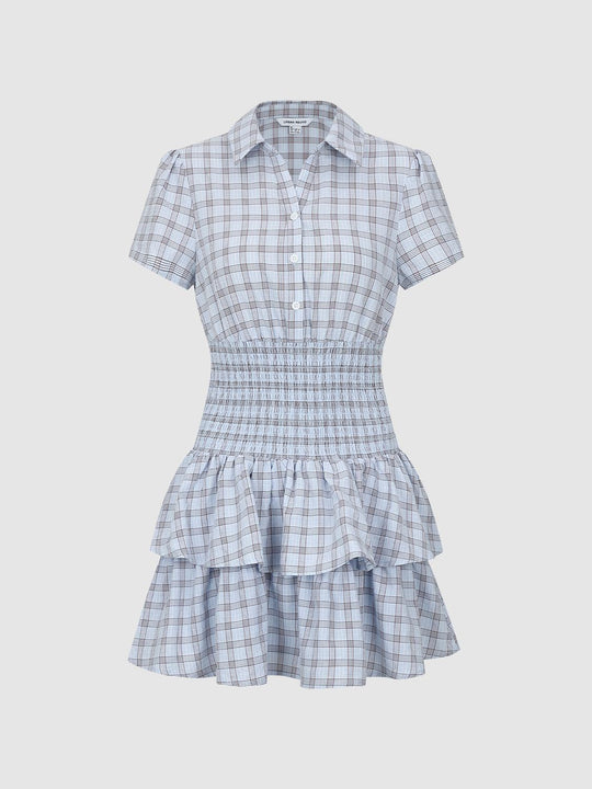 Cotton Check Smocked Waist Tiered Ruffle Dresses