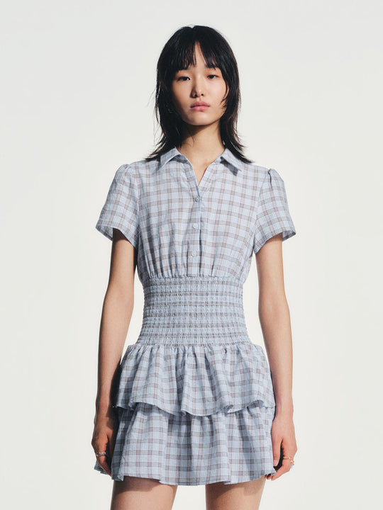 Cotton Check Smocked Waist Tiered Ruffle Dresses