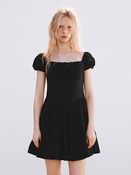 100% Cotton Tiered Short Puff-Sleeve Dress