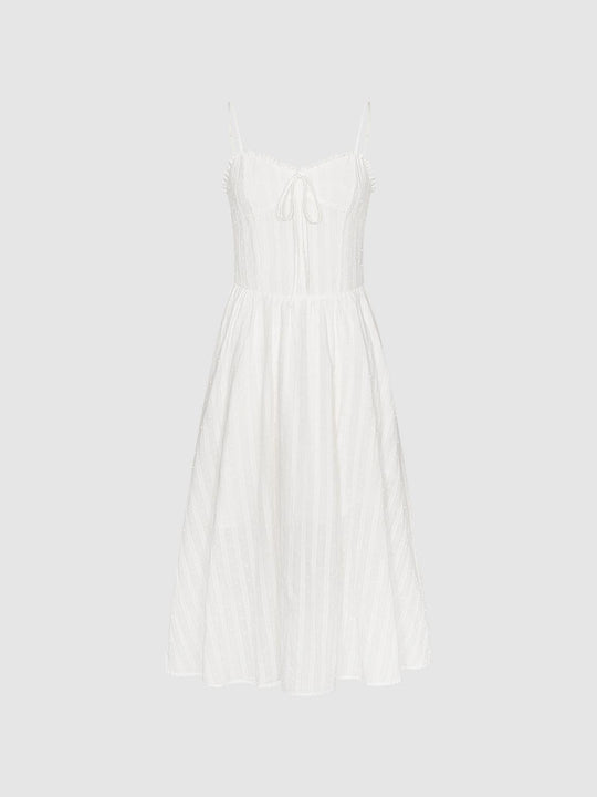 100% Cotton Textured Bodice Pleats Midi Dress