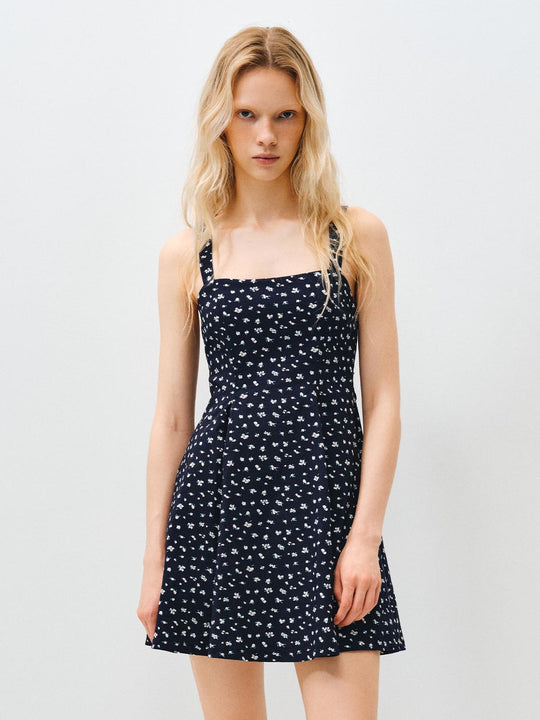 Delicate Floral A-line Sleeveless Navy Dress