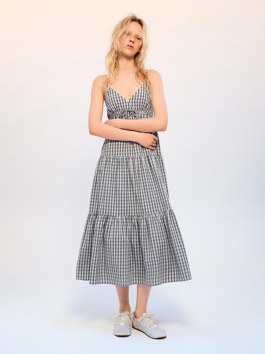 A-line Tiered Gingham Spaghetti Strapped Cotton Dress