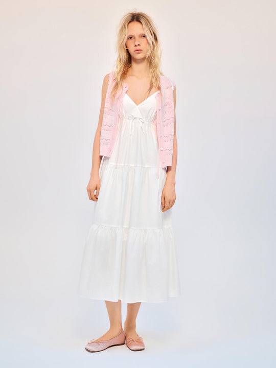 Tiered A-line Cotton Midi Dress With Bow Detail