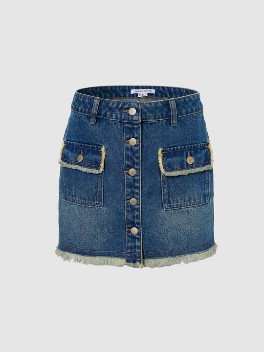 Button-Front Frayed Hem Patch Pocket Denim Mini Skirt