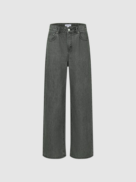 High Waist Textured Washed Wide Leg Cotton Jeans