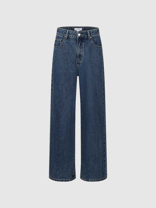 High Waist Twisted Waistband Wide Leg Cotton Jeans