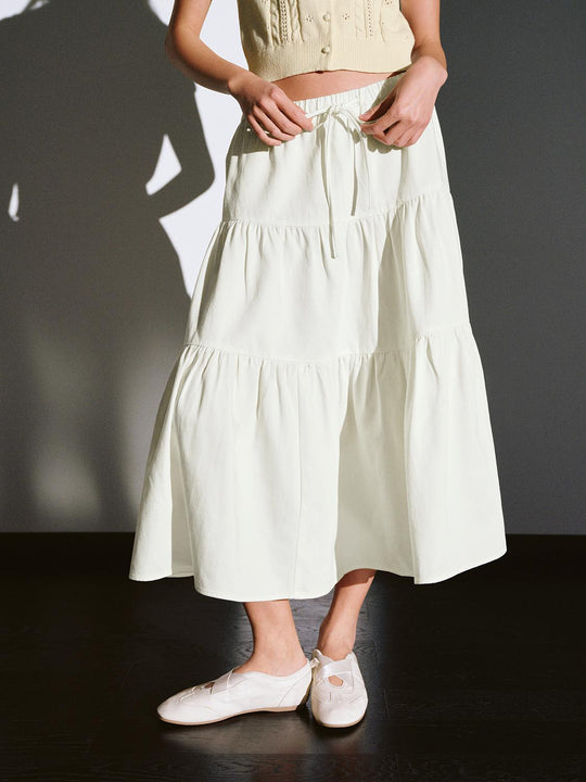 Drawstring Pull On Tiered Denim Skirts