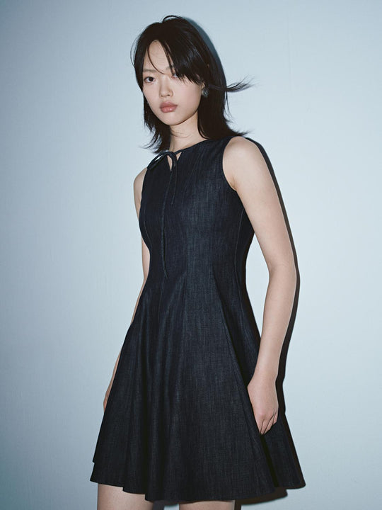 Neck Tie Sleeveless Cotton Denim A-Line Mini Dress