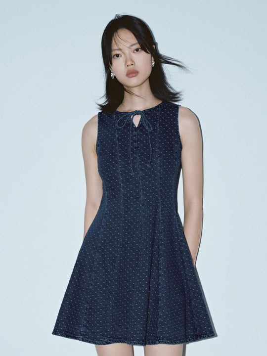 Polka Dotted Seamed Sleeveless Denim Midi Dresses
