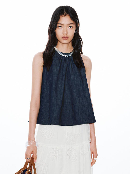 Crew Neck Sleeveless Denim Shirts