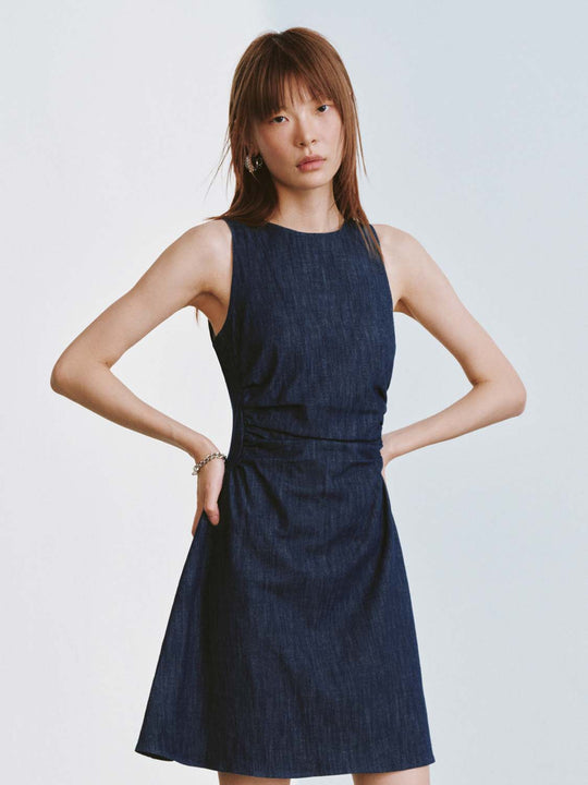 Sleeveless Ruched Waist Denim Midi Dresses