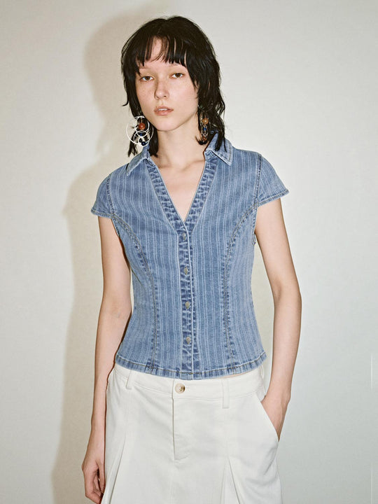 Striped Button Up Short Sleeve Denim Shirts