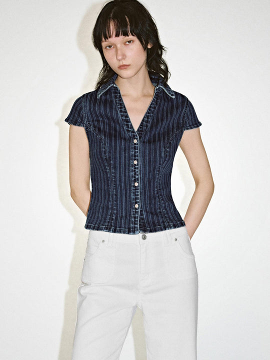 Striped Button Up Short Sleeve Denim Shirts