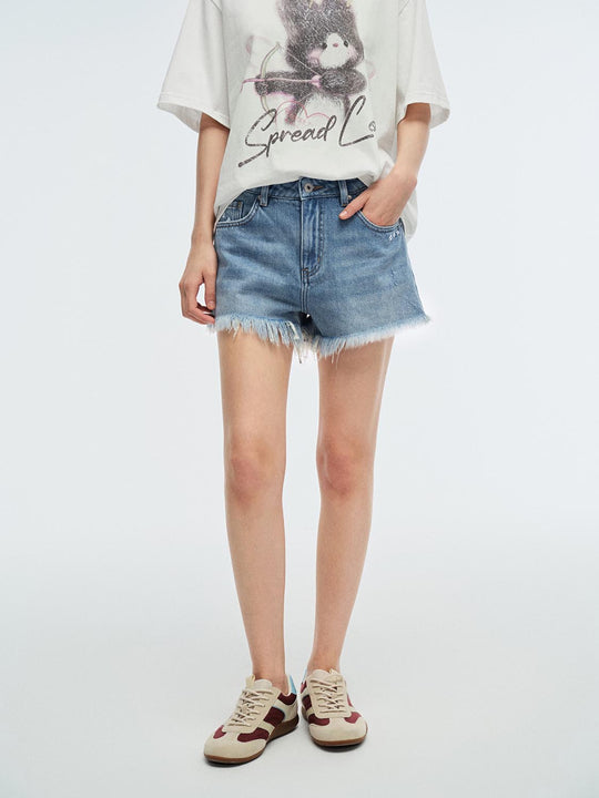 Cotton Denim Frayed Hem Front Pocket Shorts