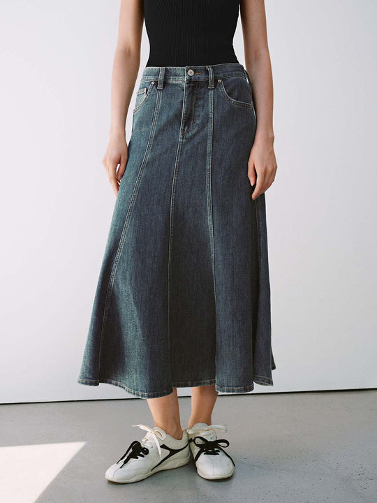 Cotton Textured Panel Seams Midi Skirt