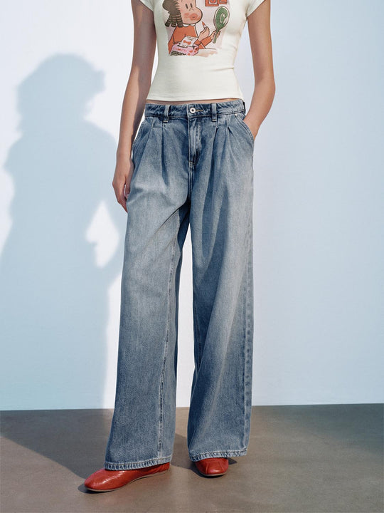 Washed Pleated Mid-rise Wide-leg Cotton Blend Jeans