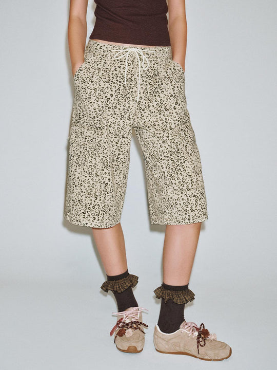 Leopard Print Drawstring Waist Pocket Cargo Bermuda Capri Shorts