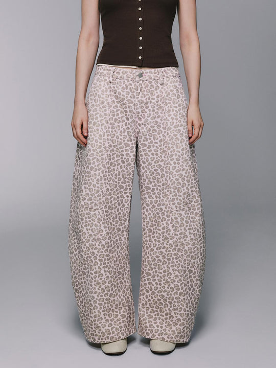 Leopard Print High Waist Barrel Wide Leg Casual Trousers