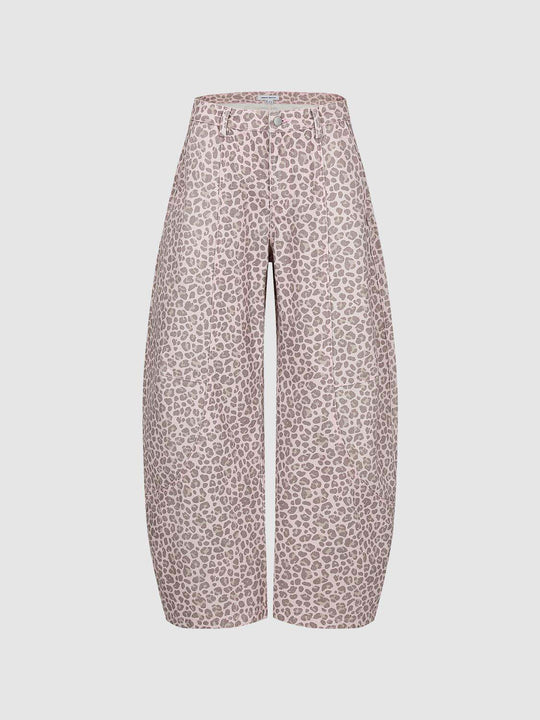 100% Cotton Leopard Print Wide-Leg Silhouette With Front Seam Details Non-Stretch Pants