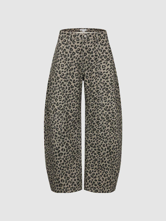 Leopard Print Denim Wide-leg Pants with Patch Pockets