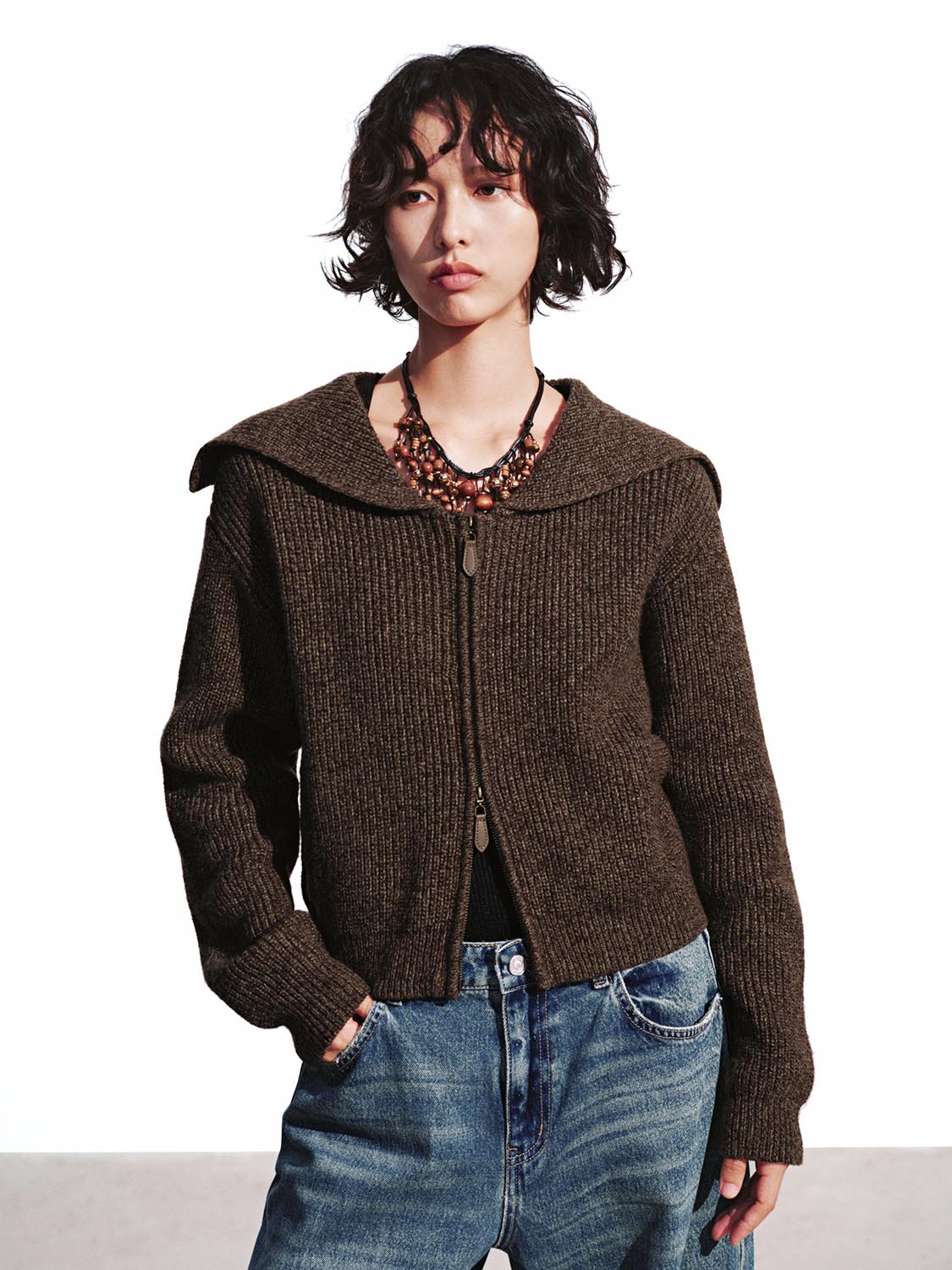 Collared Zip Up Knitted Cardigans