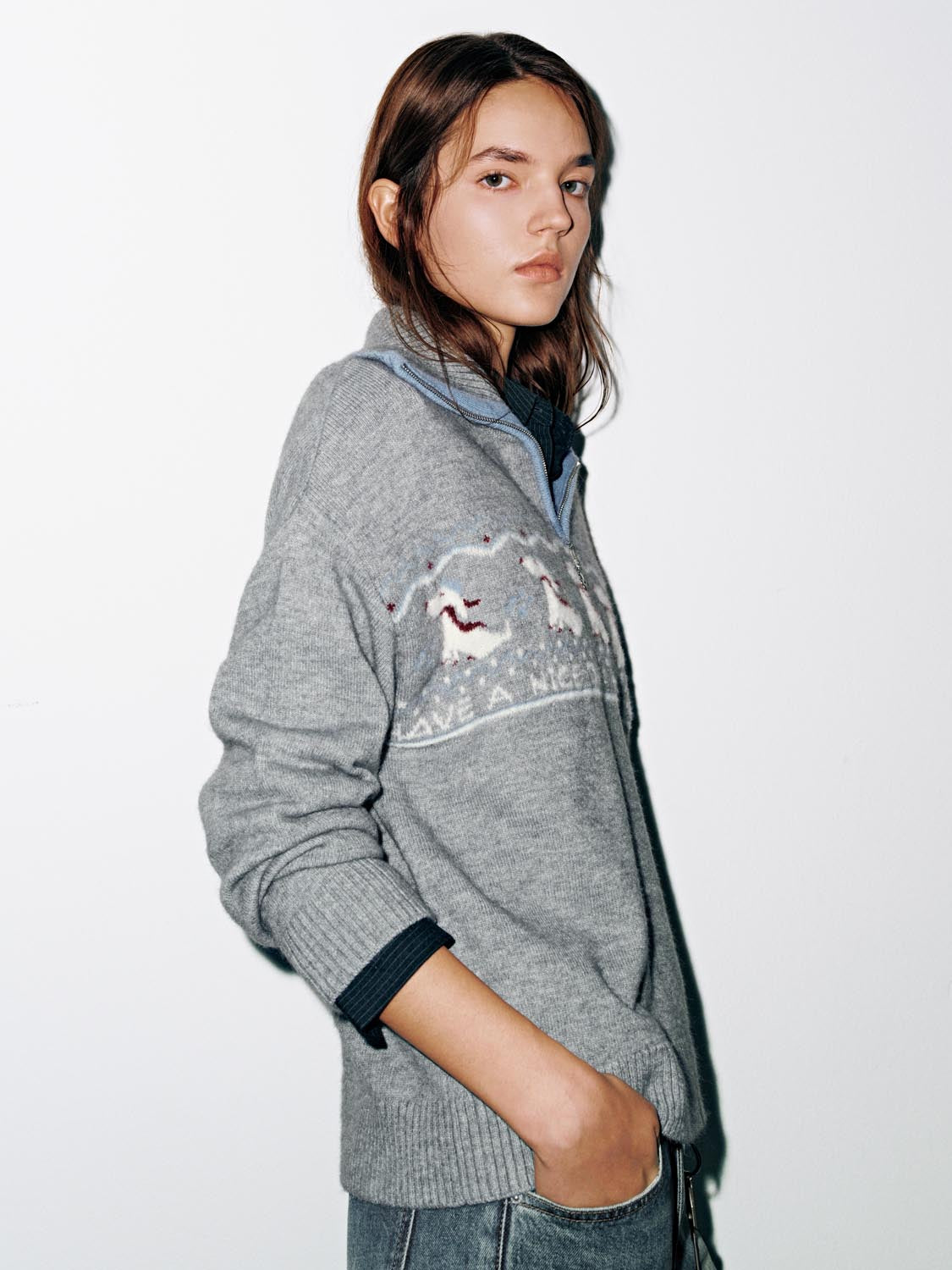 Intarsia Half Zip Long Sleeve Knitted T-Shirts