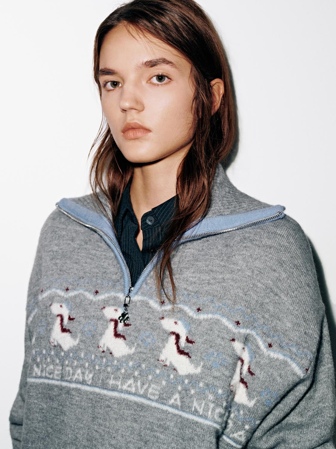 Intarsia Half Zip Long Sleeve Knitted T-Shirts