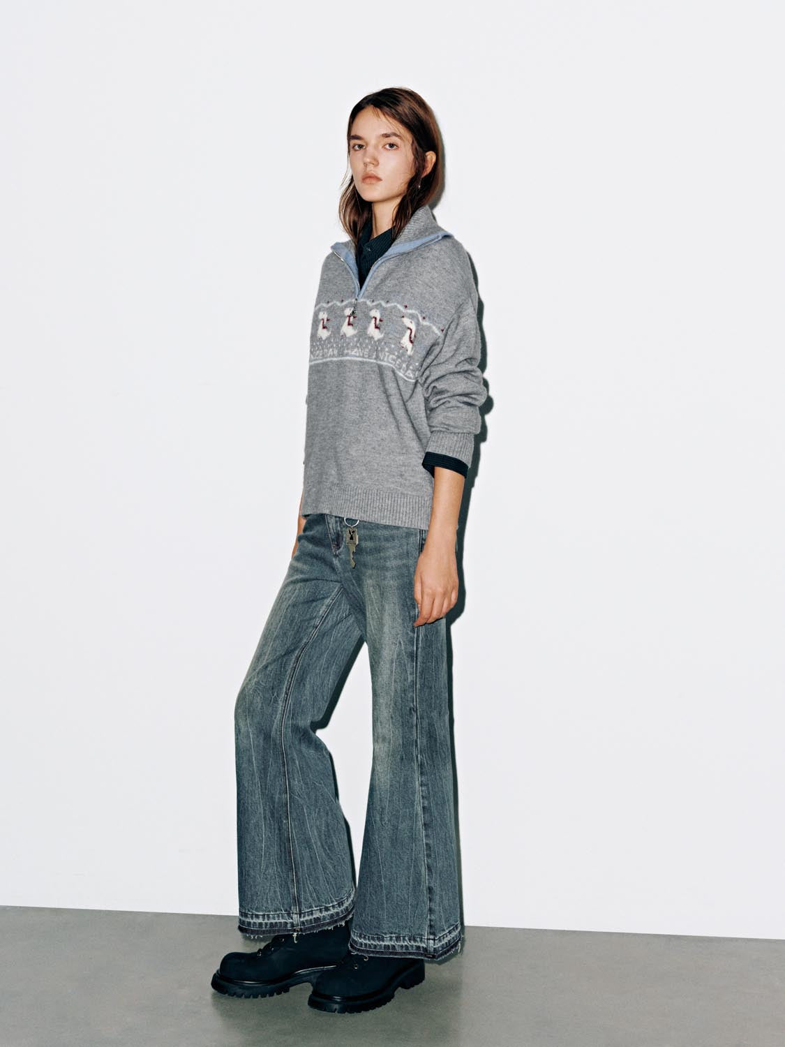 Intarsia Half Zip Long Sleeve Knitted T-Shirts