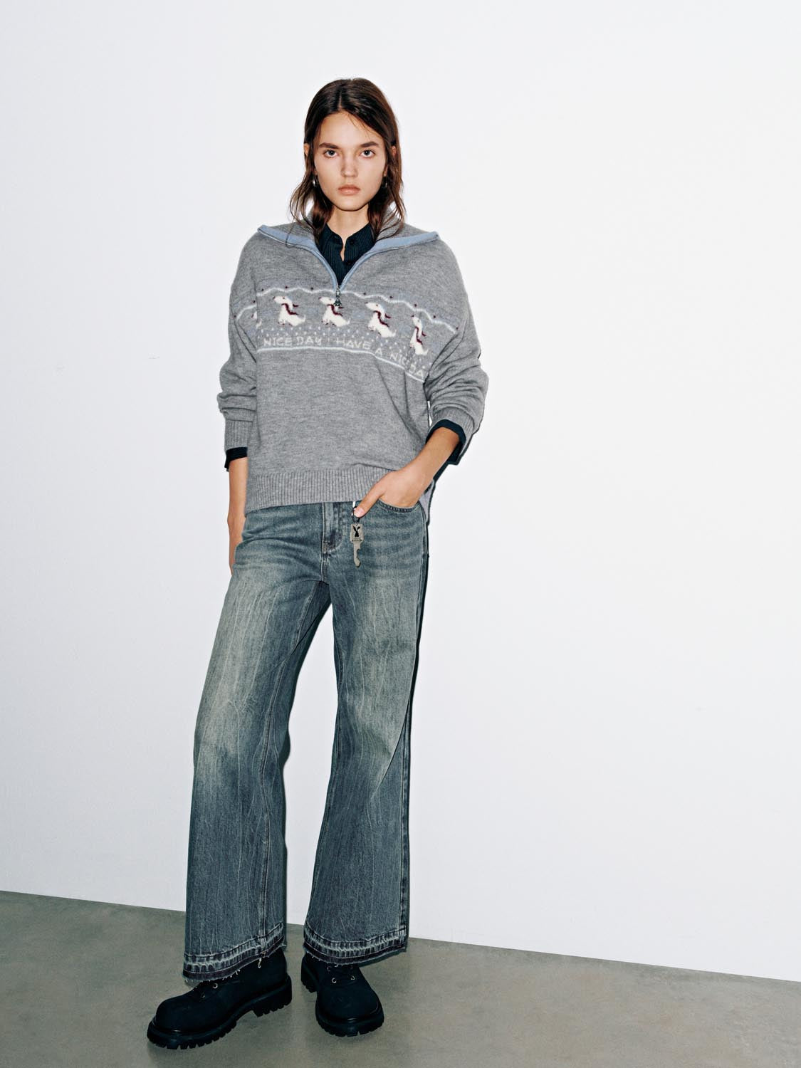 Intarsia Half Zip Long Sleeve Knitted T-Shirts