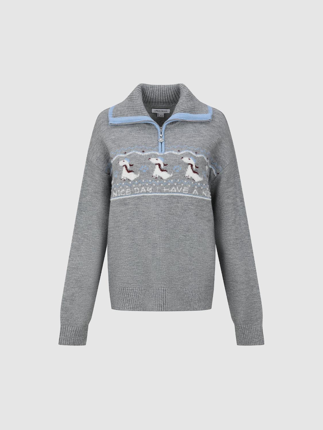 Intarsia Half Zip Long Sleeve Knitted T-Shirts