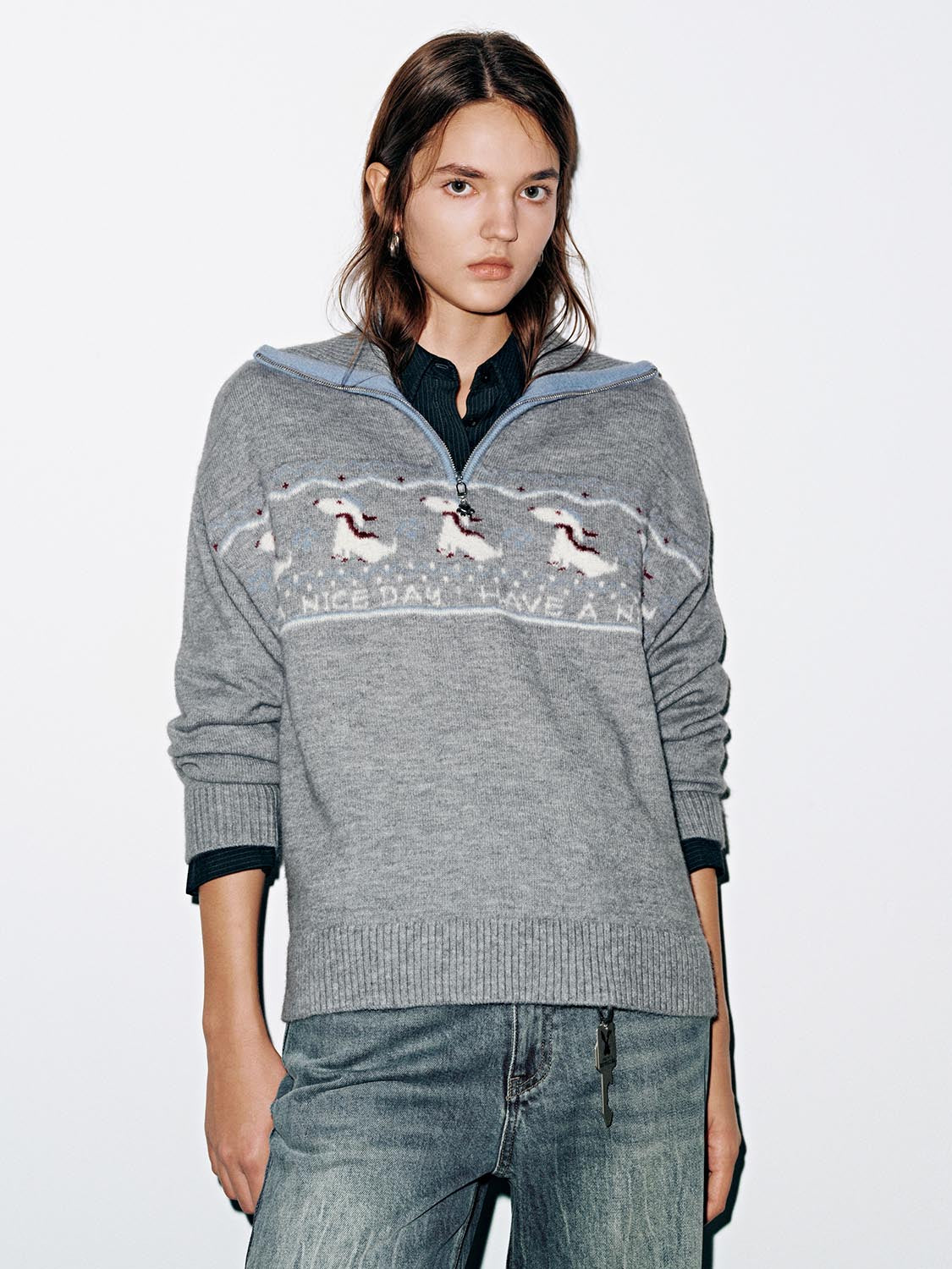 Intarsia Half Zip Long Sleeve Knitted T-Shirts