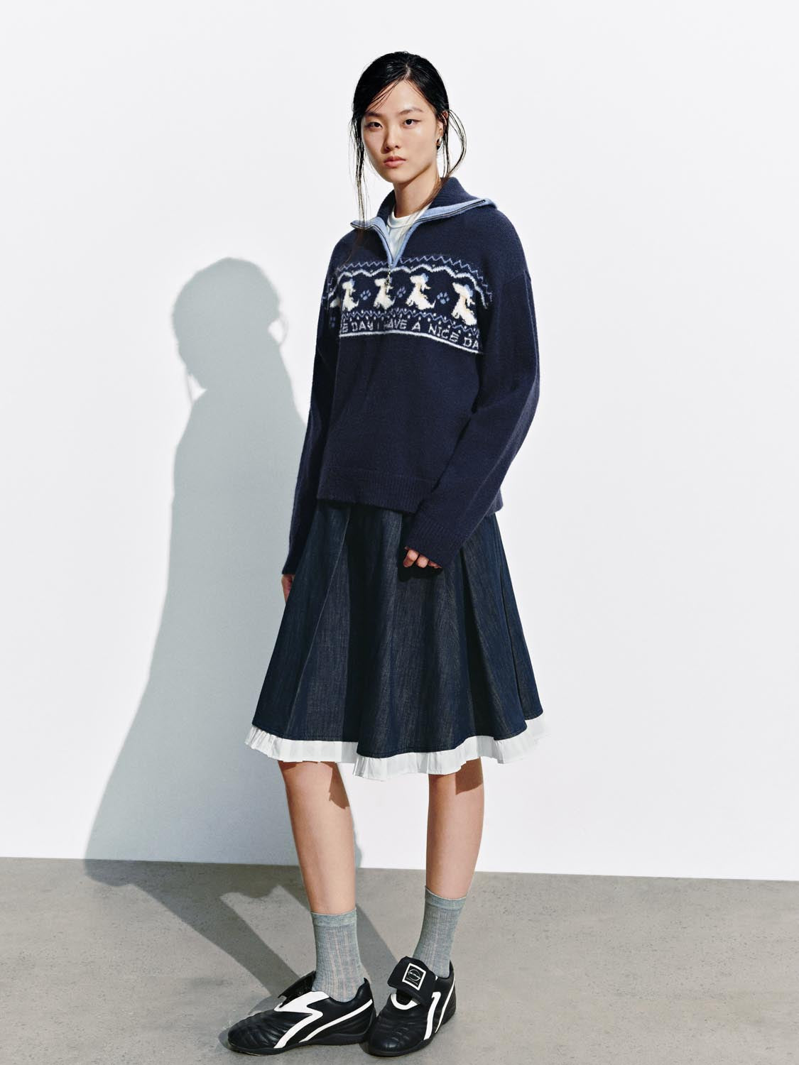 Intarsia Half Zip Long Sleeve Knitted T-Shirts