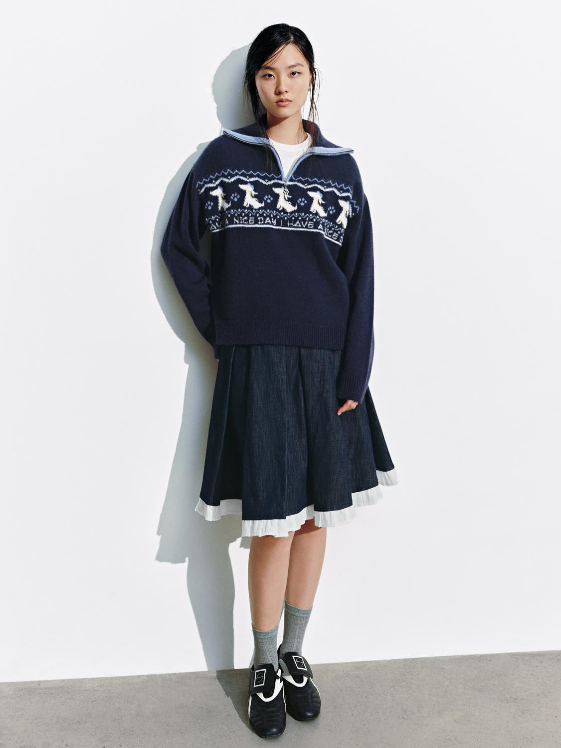 Intarsia Half Zip Long Sleeve Knitted T-Shirts