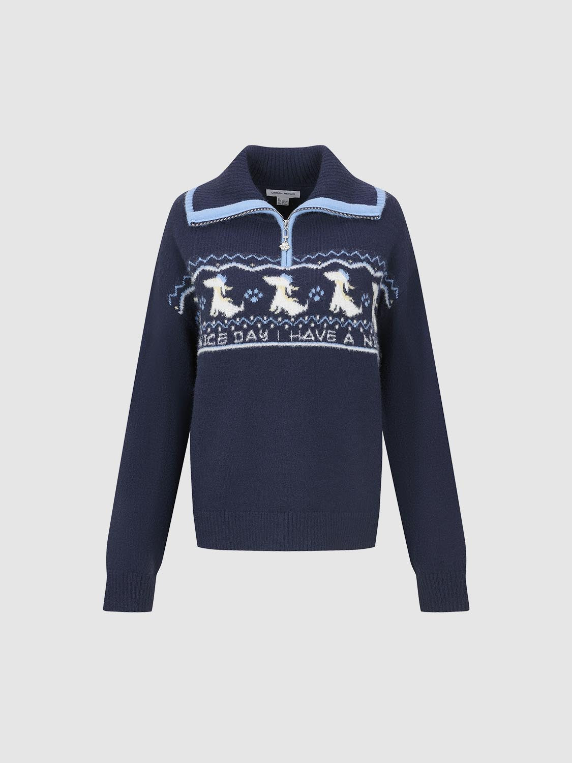 Intarsia Half Zip Long Sleeve Knitted T-Shirts