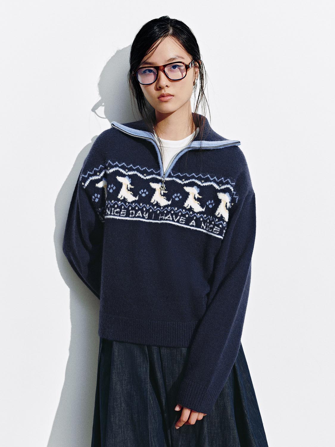 Intarsia Half Zip Long Sleeve Knitted T-Shirts